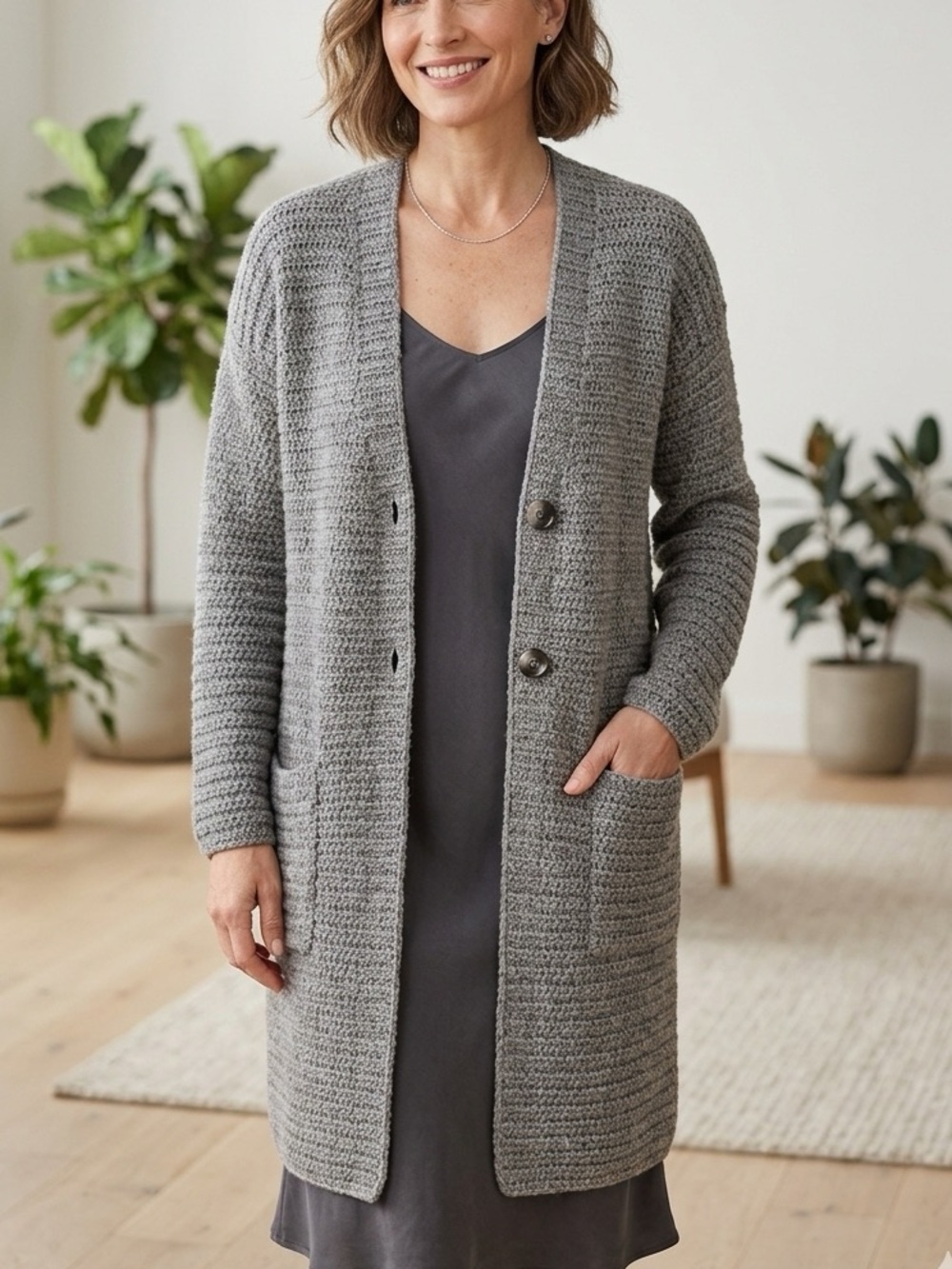 HAND KNIT Simple Modern Minimalist Design Warm Long Cardigan in Taupe Gary